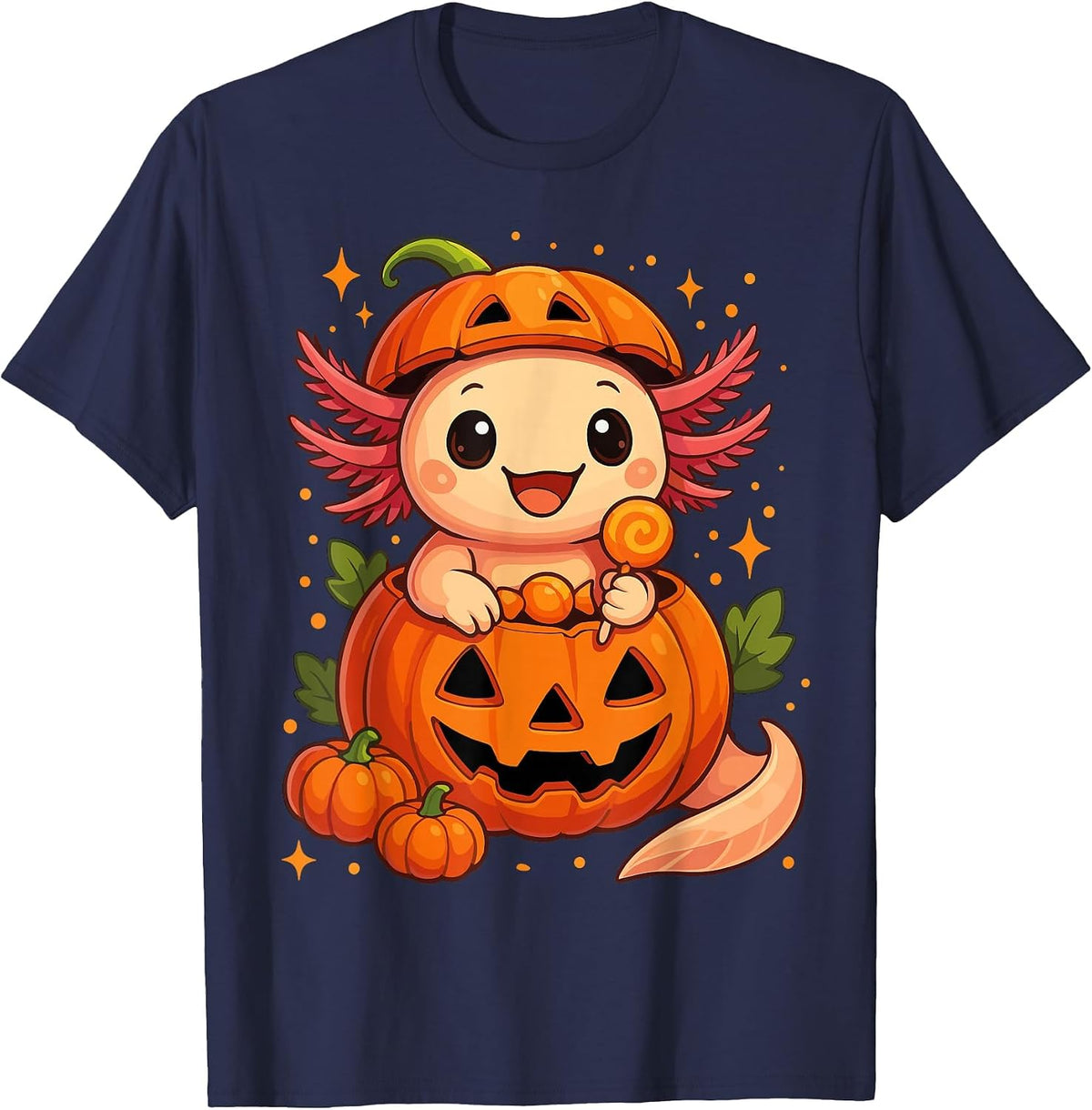 Cute Axolotl Halloween Spooky Candy Pumpkin Axolotl T-Shirt - Navy Blue