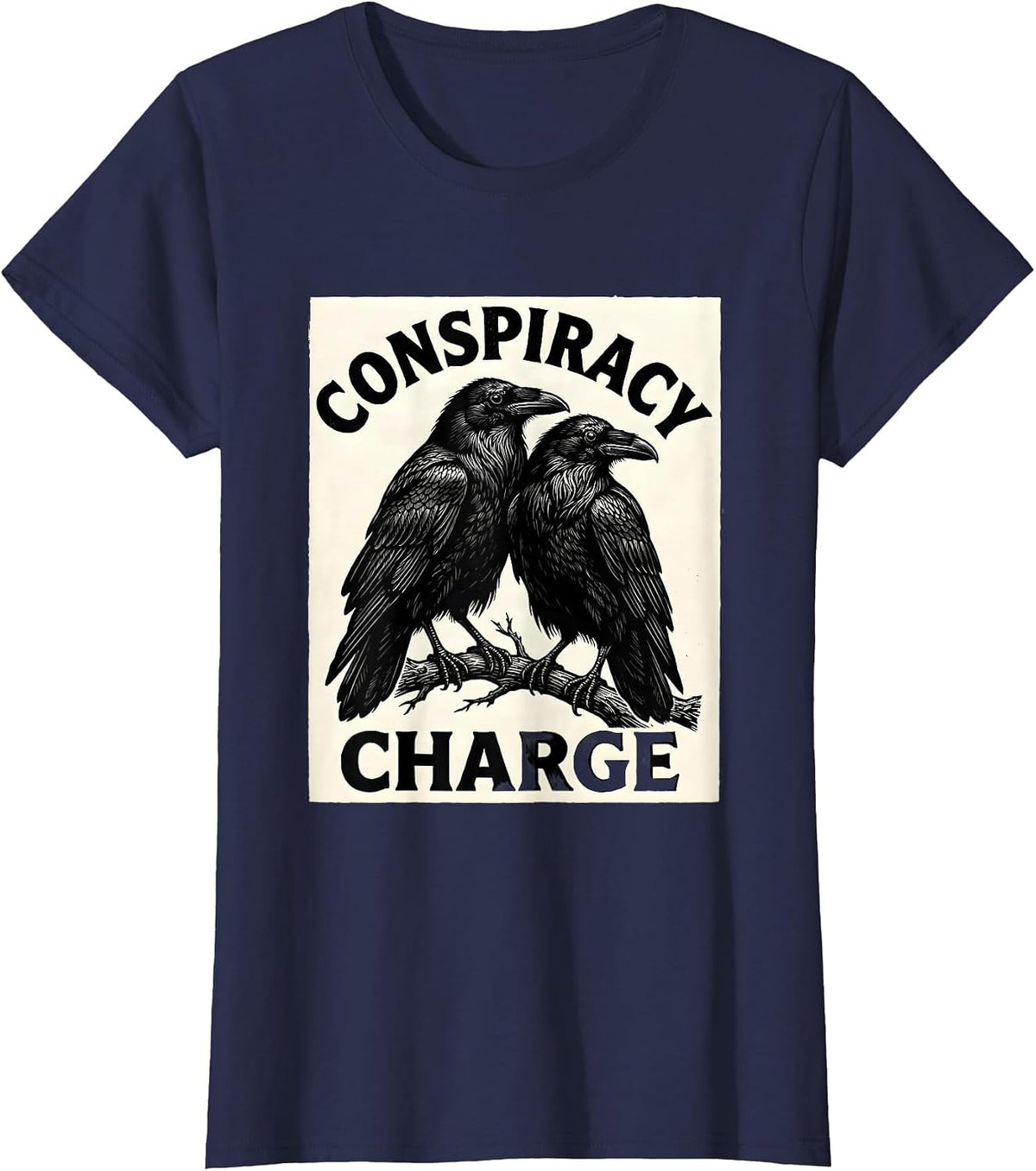 Women's Conspiracy Charge Woodcut Engraving Crow Lover Literary T-Shirt - Navy Blue