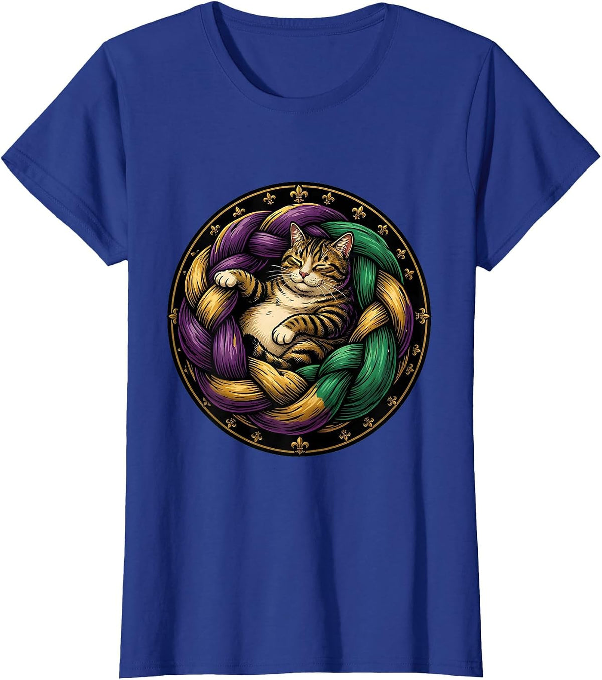 Women's Mardi Gras Cat Lounging in a King Cake T-Shirt - Royal Blue