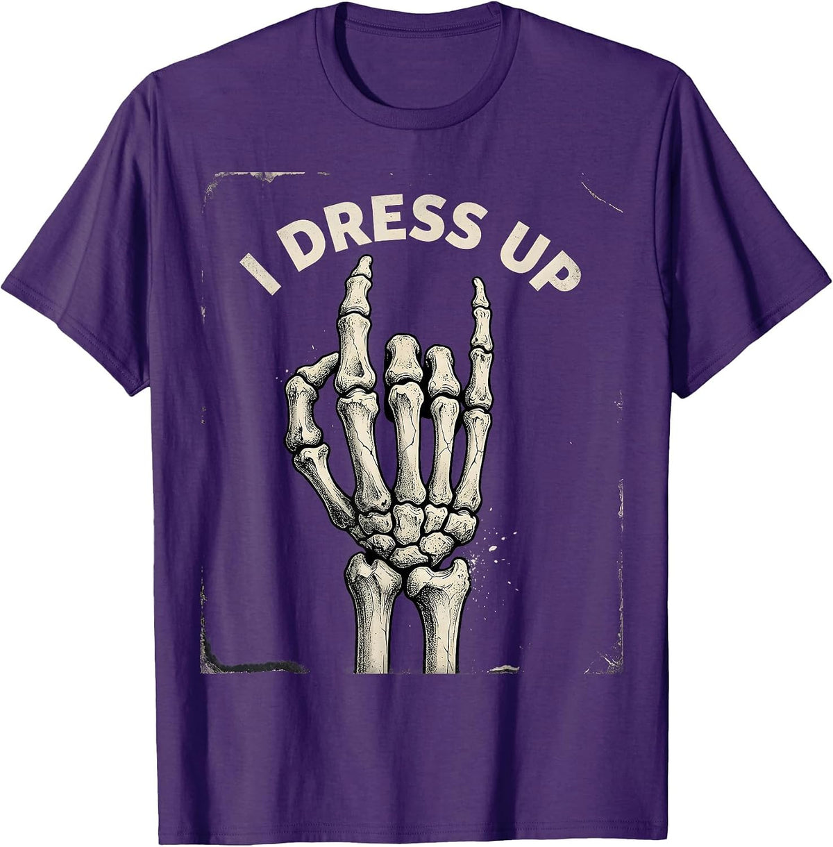 I Dress Up Distressed Skeleton Hand Gesture Gothic Halloween T-Shirt - Purple