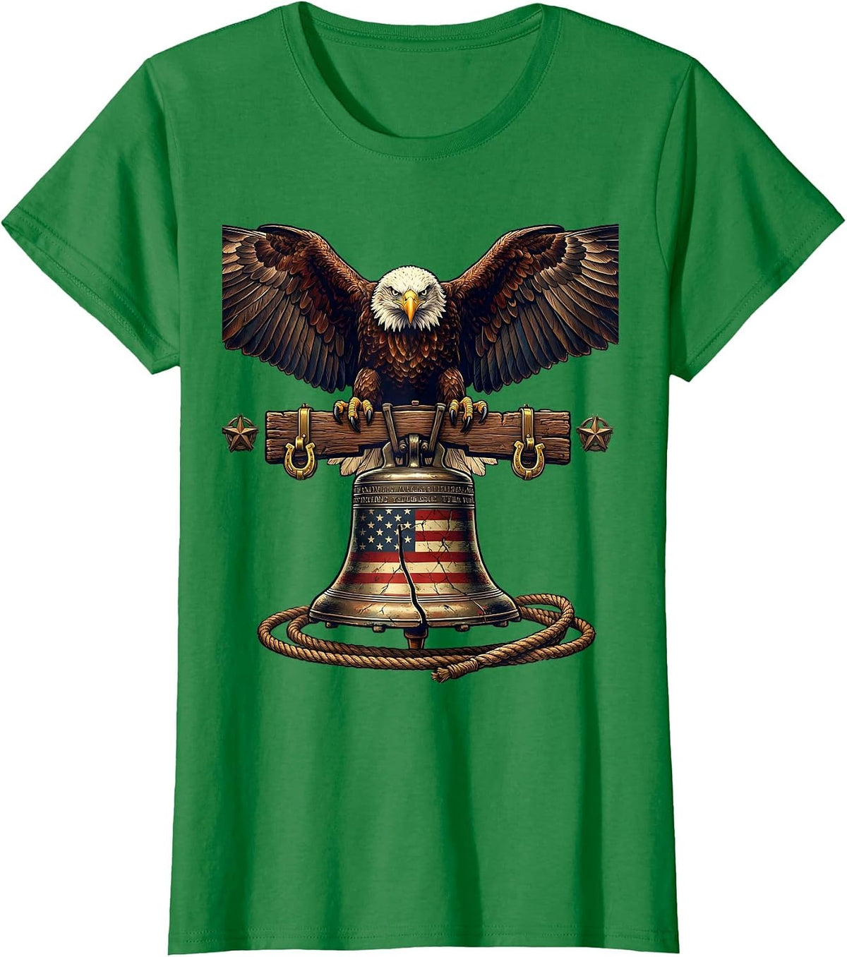 Women's Bald Eagle Liberty Bell Patriotic American Design T-Shirt - Kelly Green