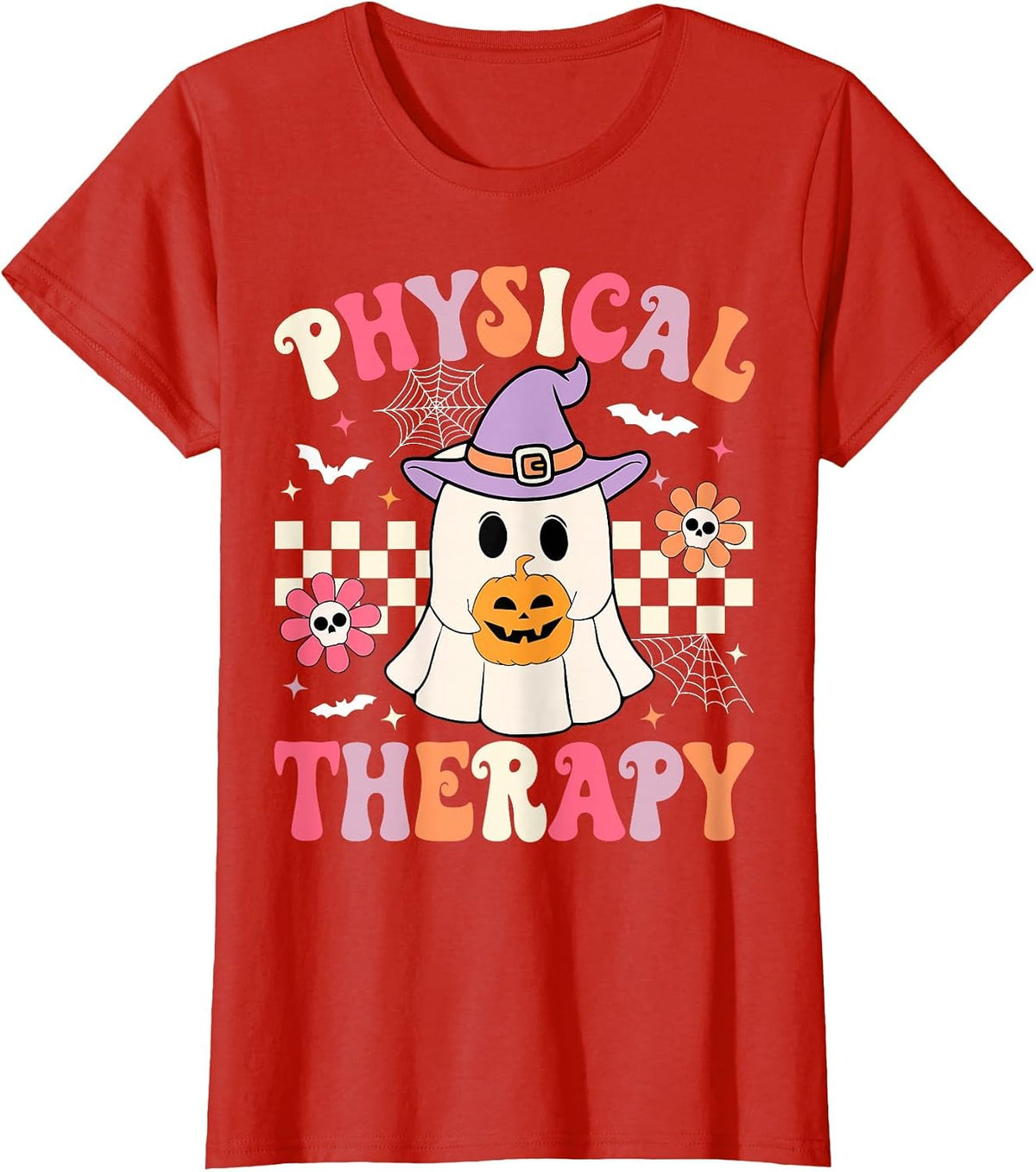 PT Physical Therapy Halloween Retro Ghost PT Halloween T-Shirt - Red