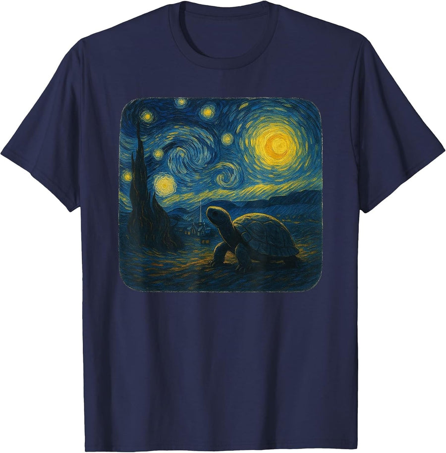 Starry Night Van Gogh Turtle Funny Graphic T-Shirt - Navy Blue