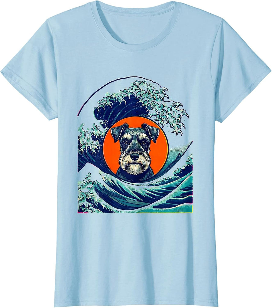 Women's Miniature Schnauzer Surfing Japanese Great Wave Parody Humor T-Shirt - Baby Blue