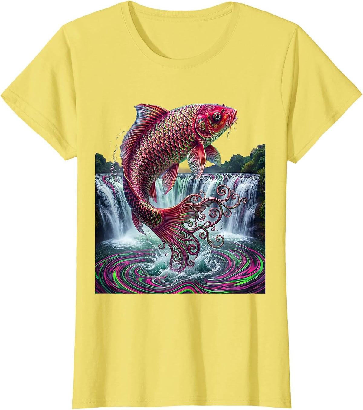 Koi Fish Leaping Waterfall Illustration T-Shirt - Lemon Yellow