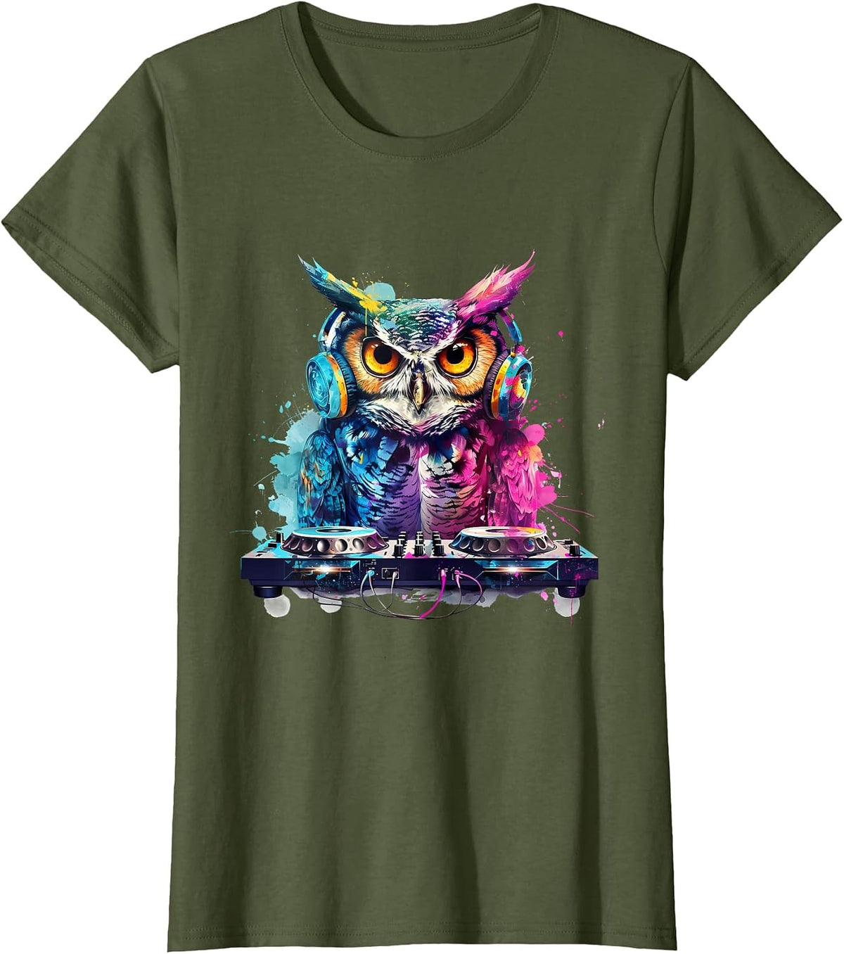 Owl Music DJ House Beatmaker Turntable DJ Owl Dance Music T-Shirt - Olive Green