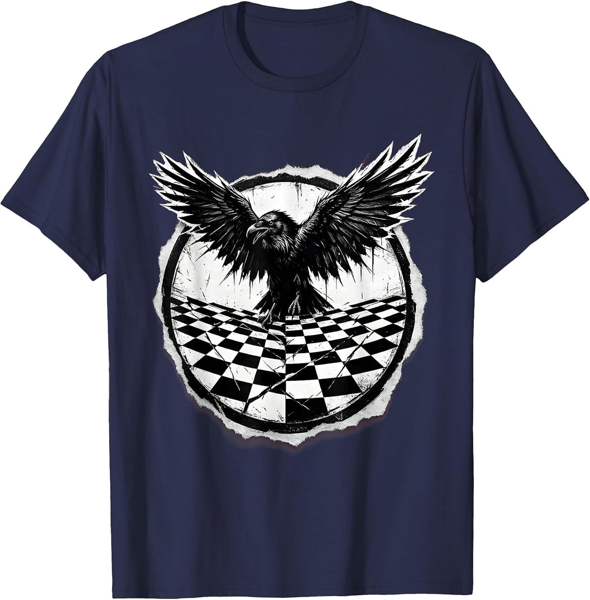 Raven on Checkered Chessboard Graphic T-Shirt - Navy Blue