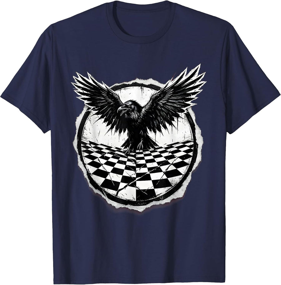 Raven on Checkered Chessboard Graphic T-Shirt - Navy Blue