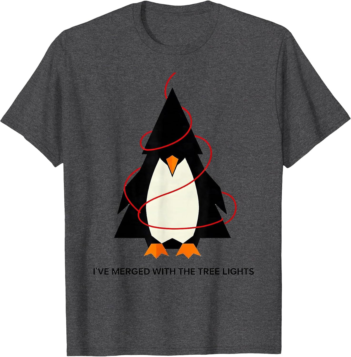I've Merged With The Tree Lights Geometric Penguin Christmas T-Shirt - Dark Heather Grey