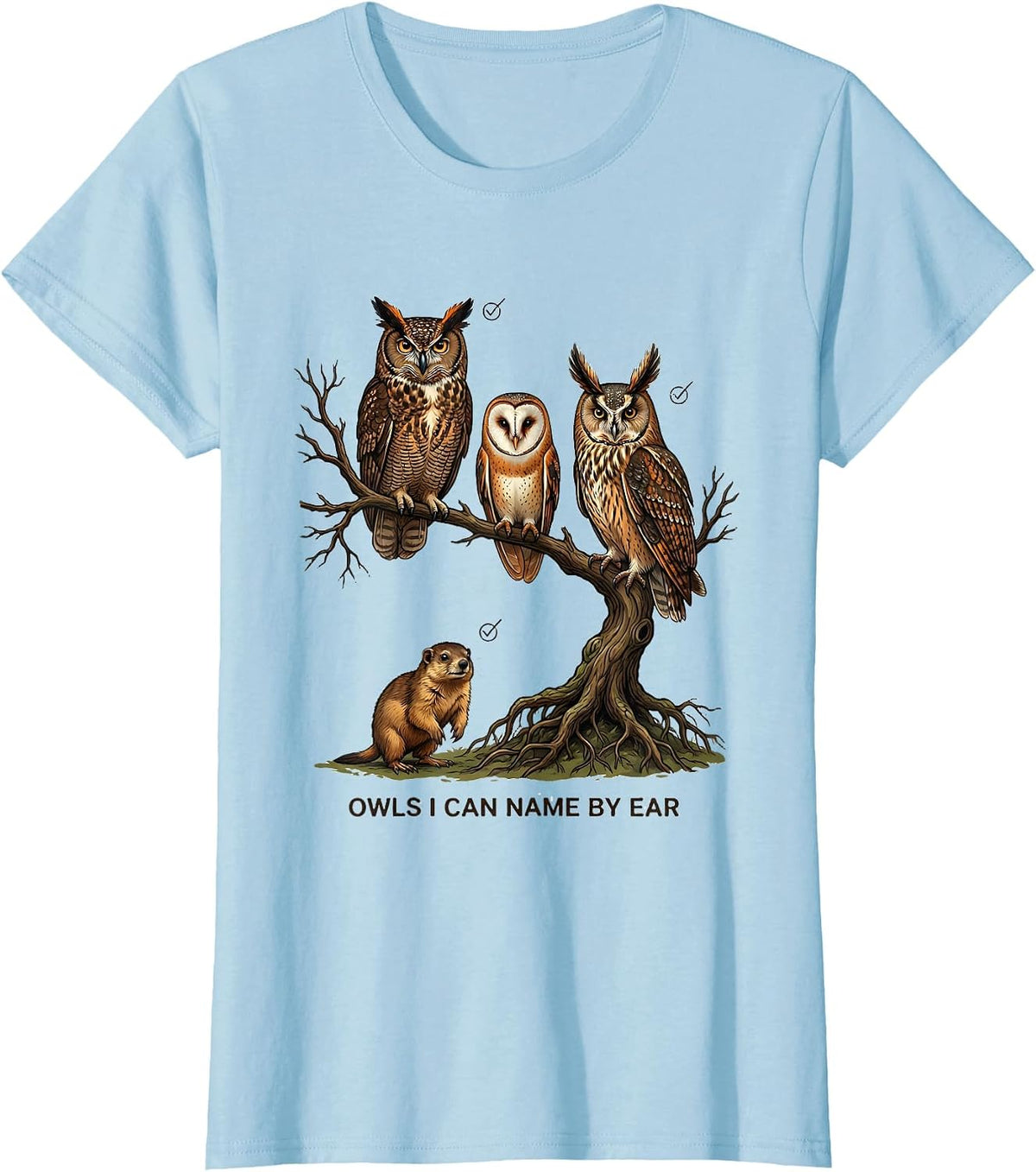Women's Owls I Can Name By Ear Funny Owl Lover Bird Watcher Vintage T-Shirt - Baby Blue
