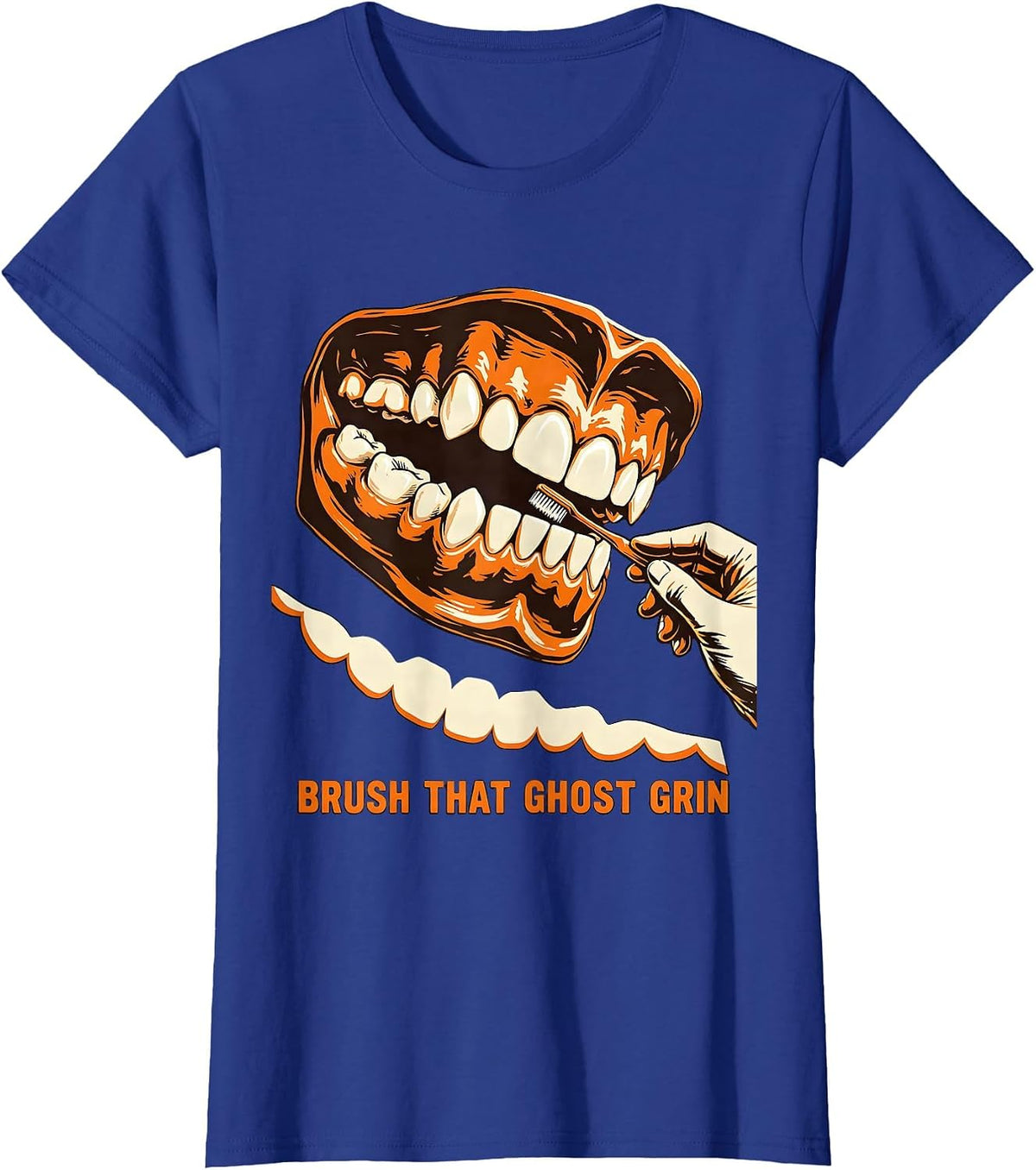 Women's Brush That Ghost Grin Wood Type Dental Hygienist Halloween T-Shirt - Royal Blue