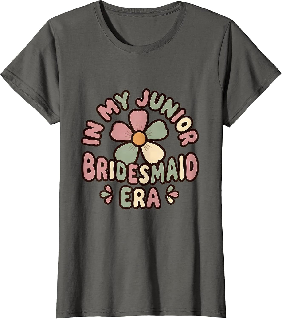 Women's In My Junior Bridesmaid Era Retro Groovy Flower Novelty T-Shirt - Asphalt Grey