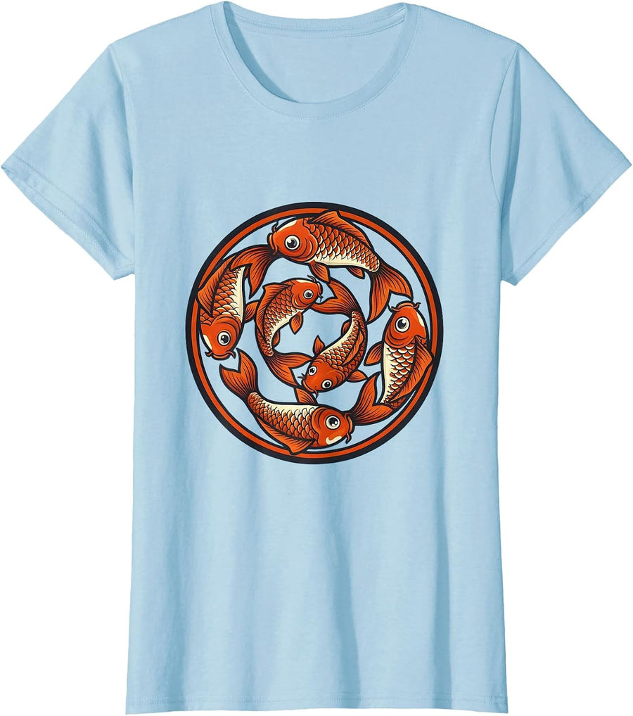 Women's Six Koi Fish Swimming in Spiral Illustration T-Shirt - Baby Blue