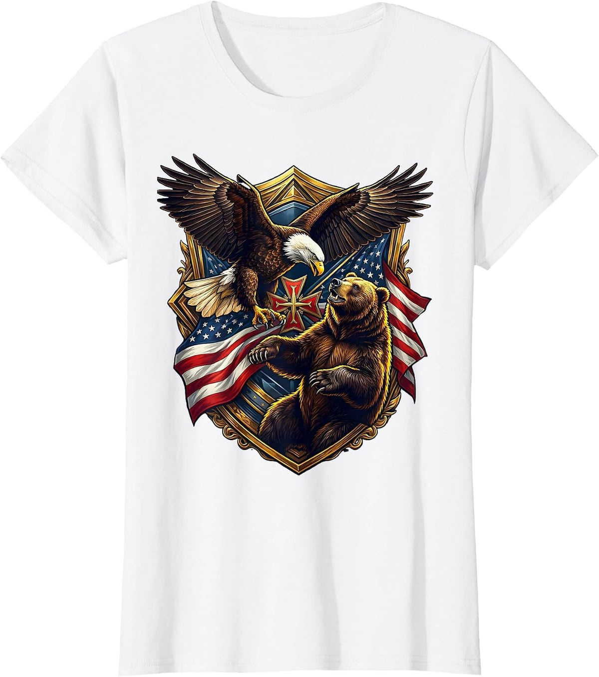 Women's Bald Eagle vs Bear American Wildlife Showdown T-Shirt - White