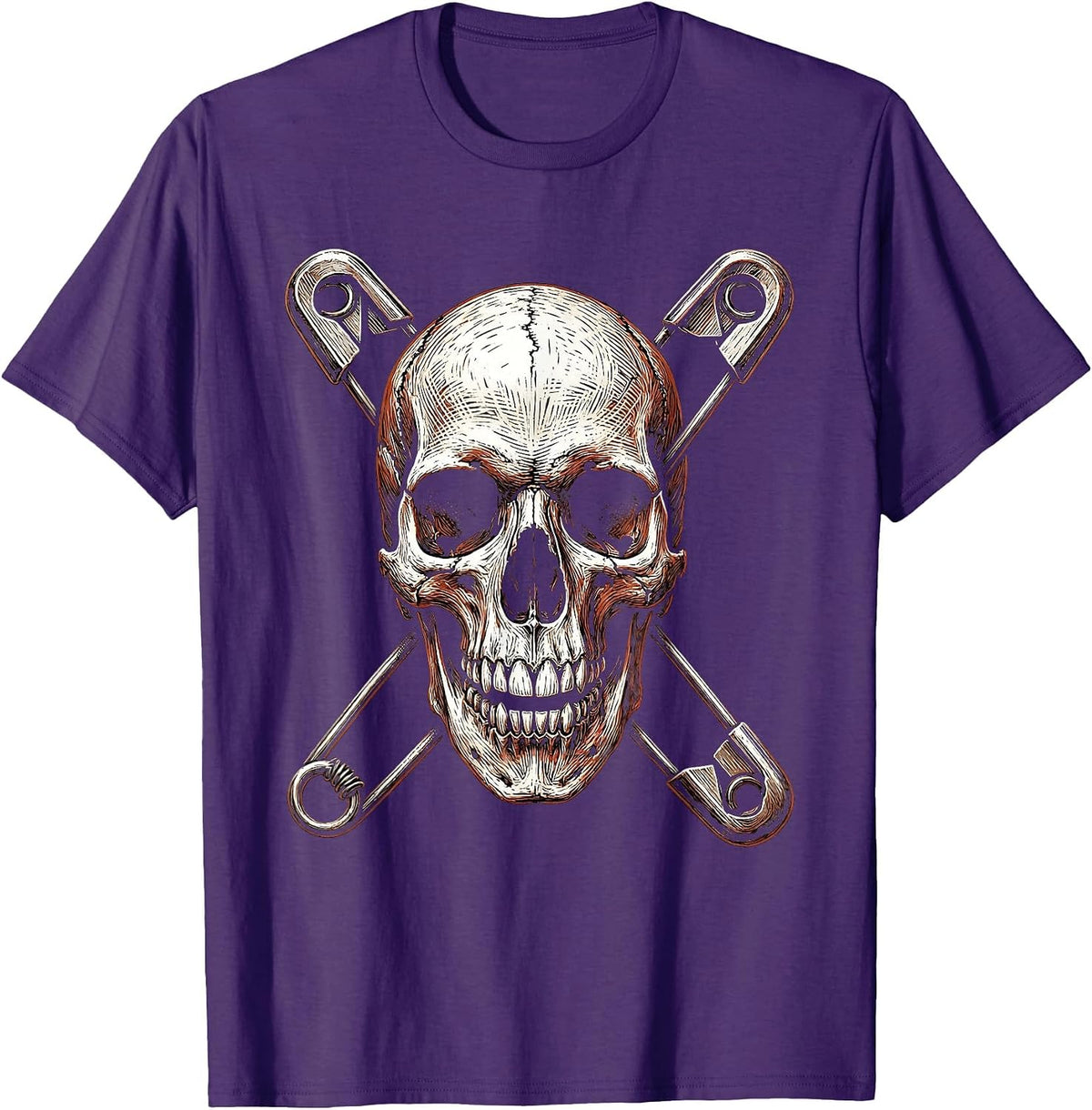 Crow Skull Crossed Safety Pins Punk Art T-Shirt - Purple