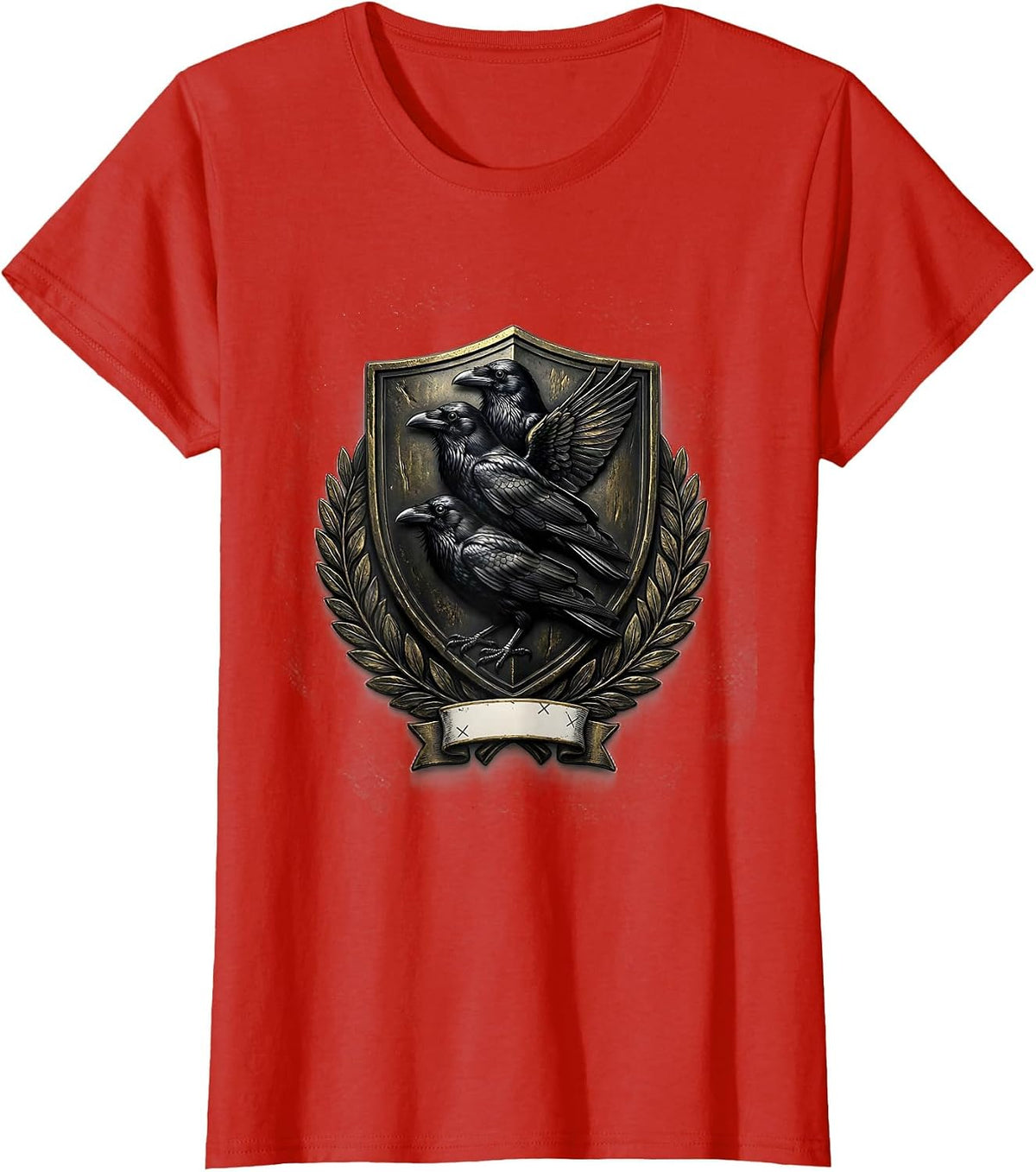 Women's Heraldic Crow Shield Dark Humor Bird Lover Emblem T-Shirt - Red