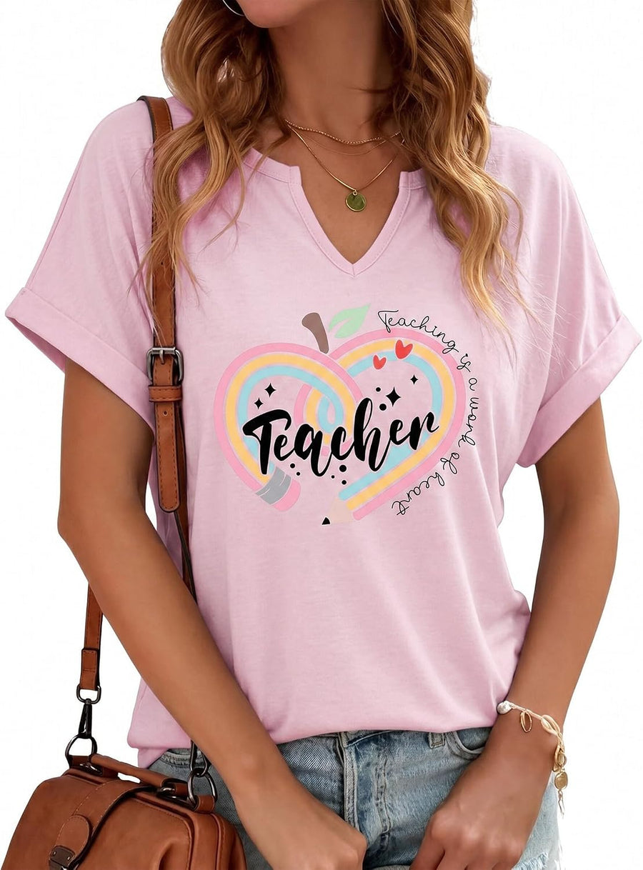 Teacher Shirts for Women Back to School Tees Teach Notch V Neck Tshirt - Pink