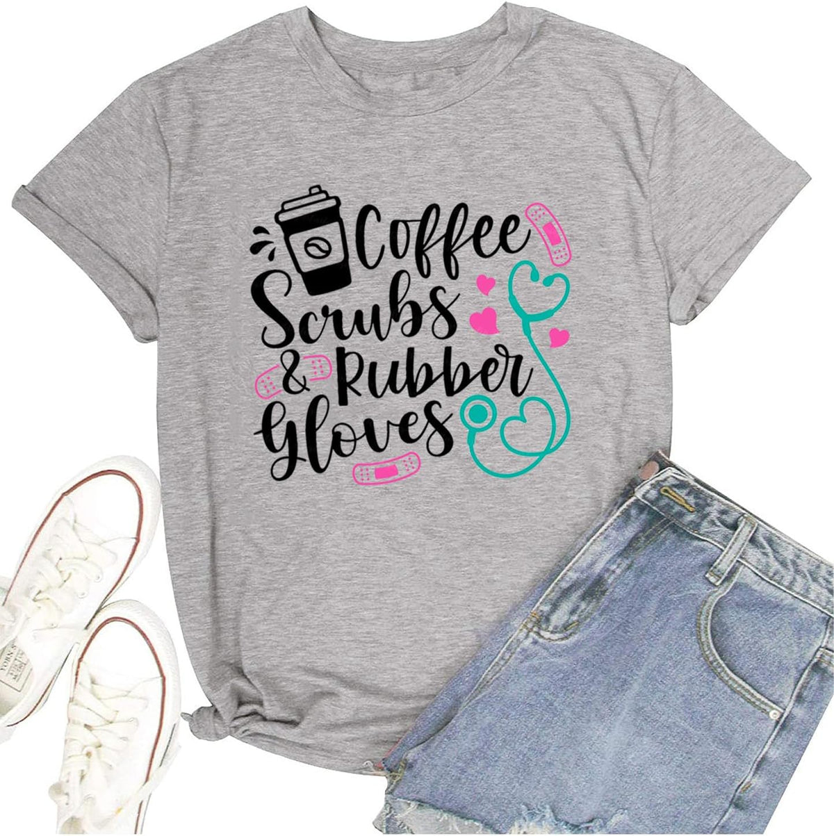 TSIIUO Women's Nurse Life Coffee T-Shirt Coffee Scrubs and Rubber Gloves Shirt Funny Gifts Casual Short Sleeve Tee Tops -
