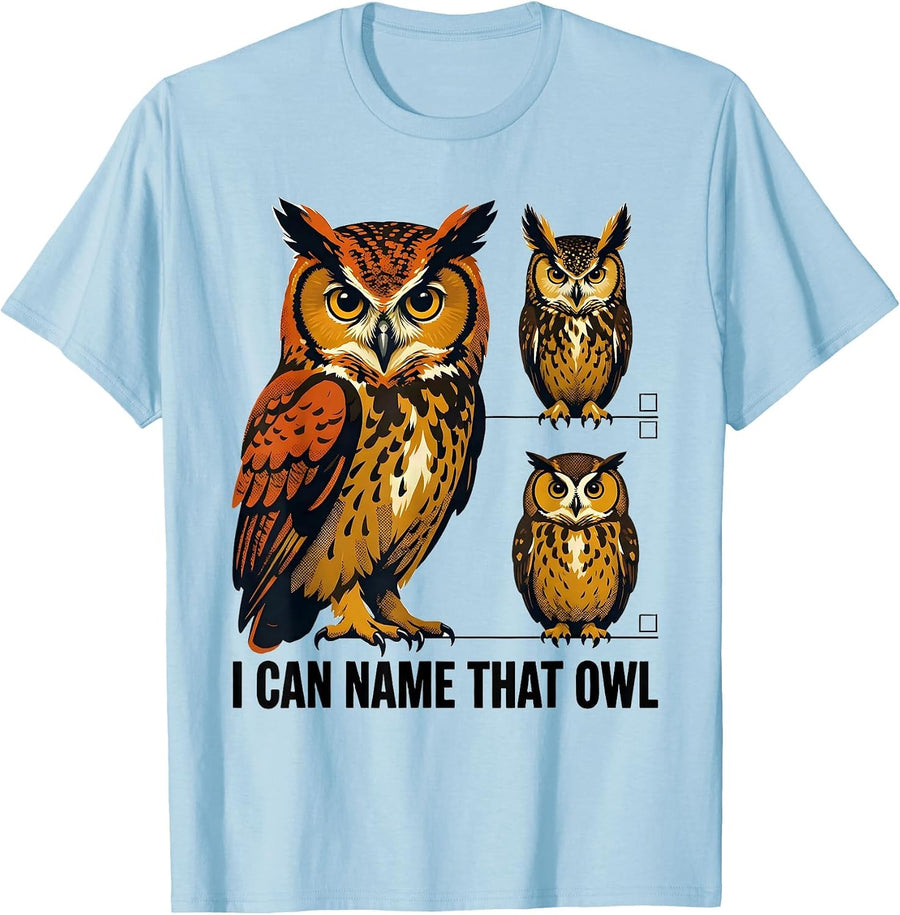 Men's I Can Name That Owl Funny Owl Lover Bird Identification T-Shirt - Baby Blue