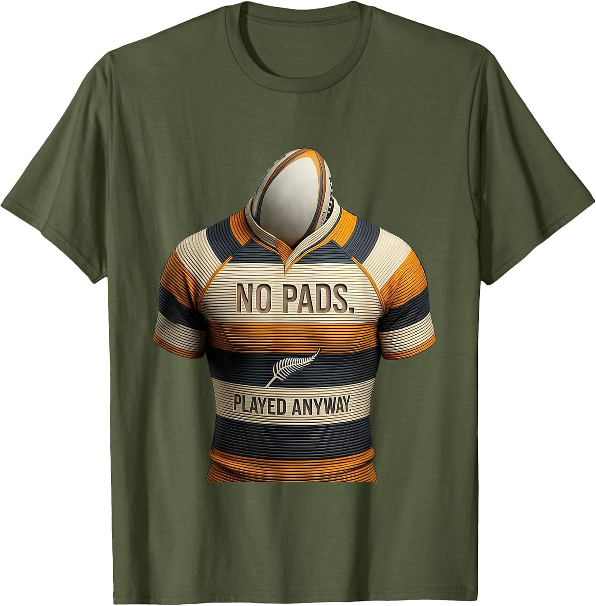 No Pads Played Anyway Disrupted Stripe Kiwi Rugby Pride T-Shirt - Olive Green