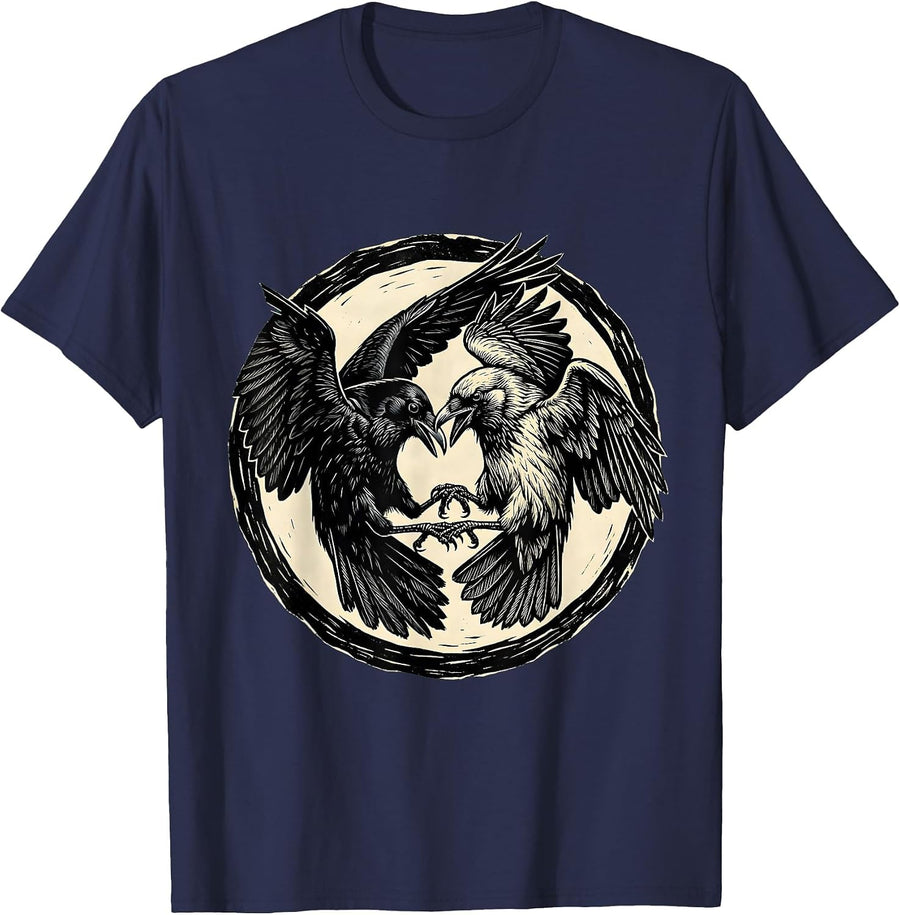 Crow and Raven Face Off Wildlife Illustration T-Shirt - Navy Blue