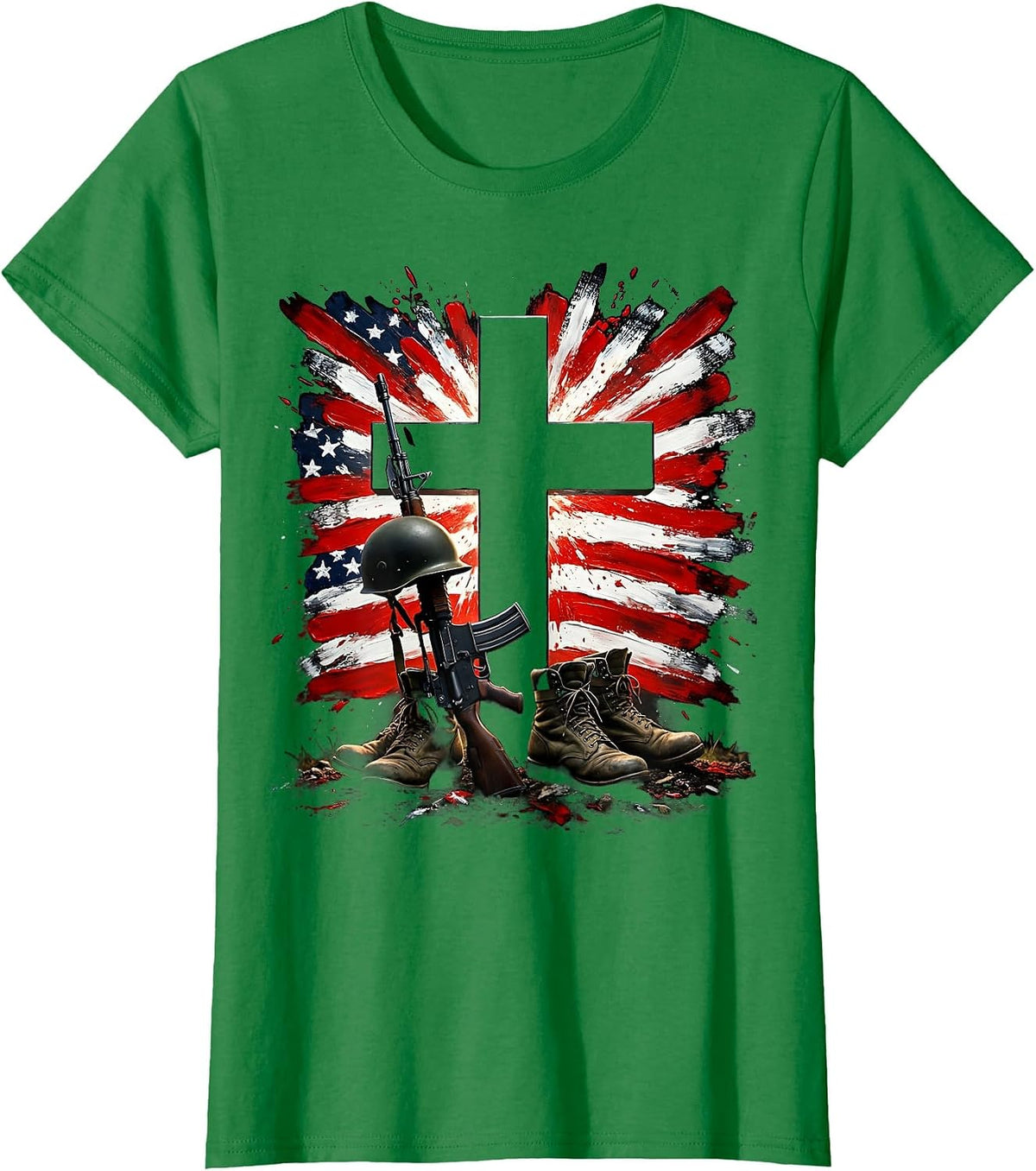 Battlefield Cross Memorial Boots and Rifle Illustration T-Shirt - Kelly Green