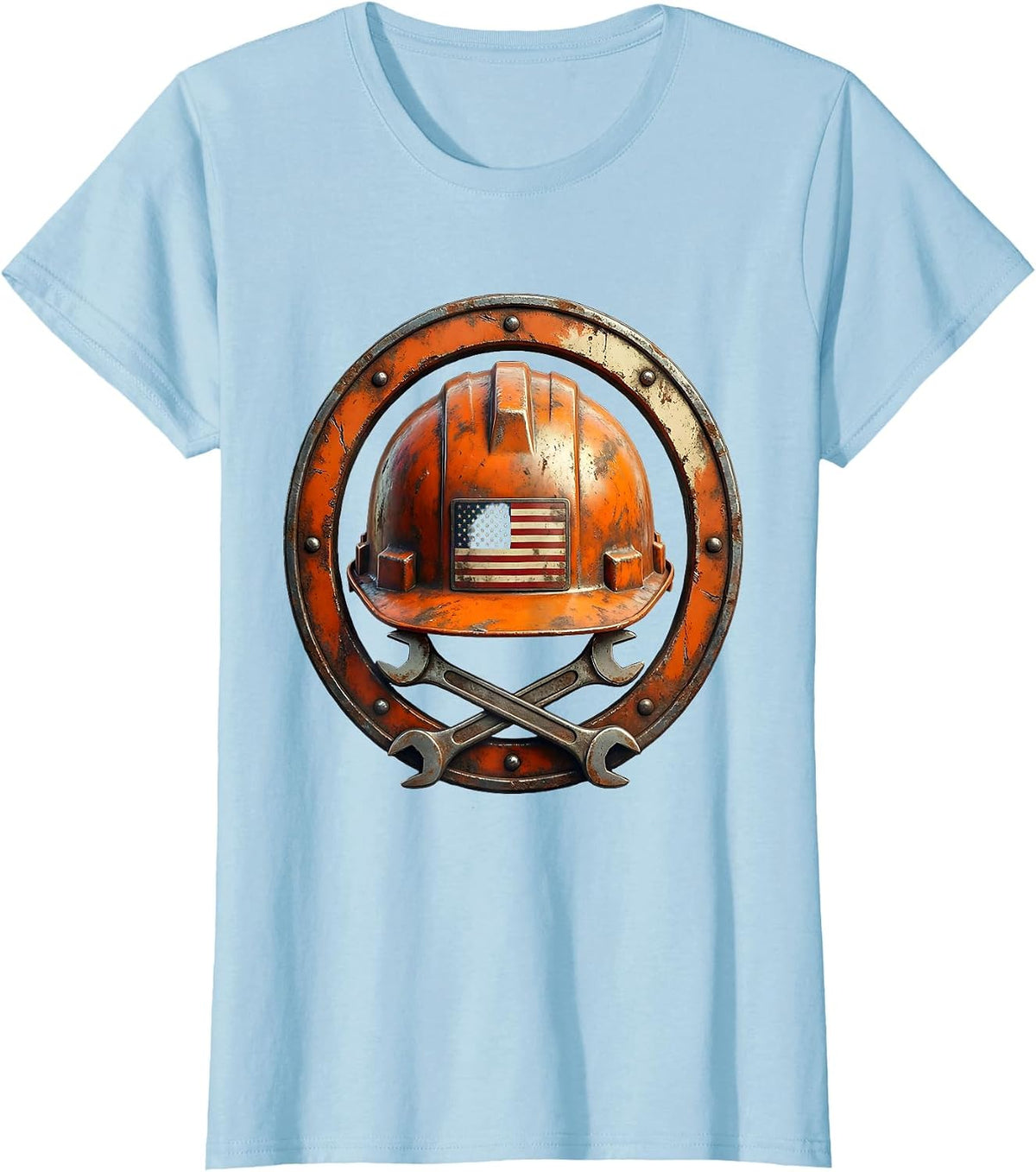 Women's Construction Worker Hard Hat Flag Emblem Graphic T-Shirt - Baby Blue