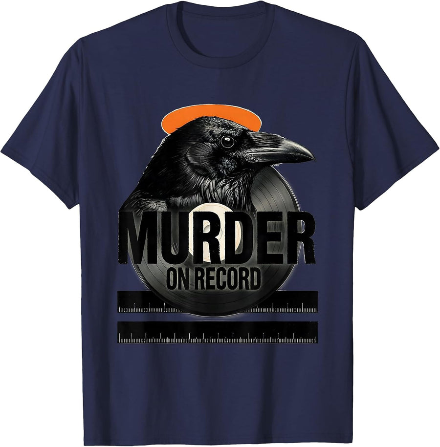 Murder On Record Brutalist Gothic Crow Humor Raven Lover T-Shirt - Navy Blue