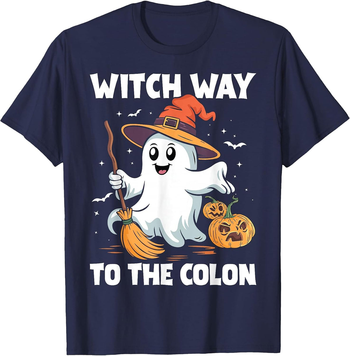 Witch Way to the Colon Cute Ghost Halloween Endoscopy Nurse T-Shirt - Navy Blue