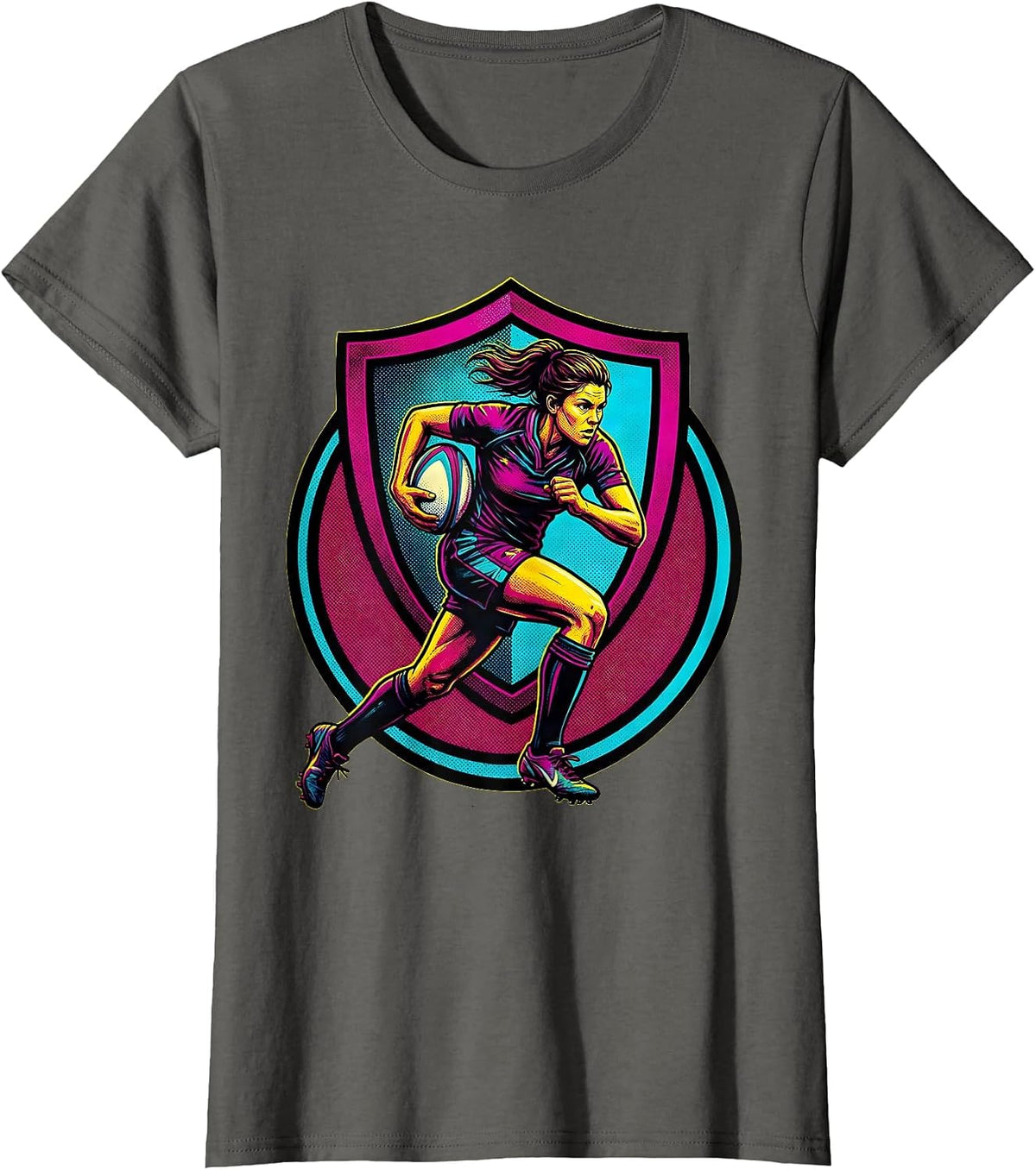 Women's Rugby Player Charging With Ball Graphic T-Shirt - Asphalt Grey