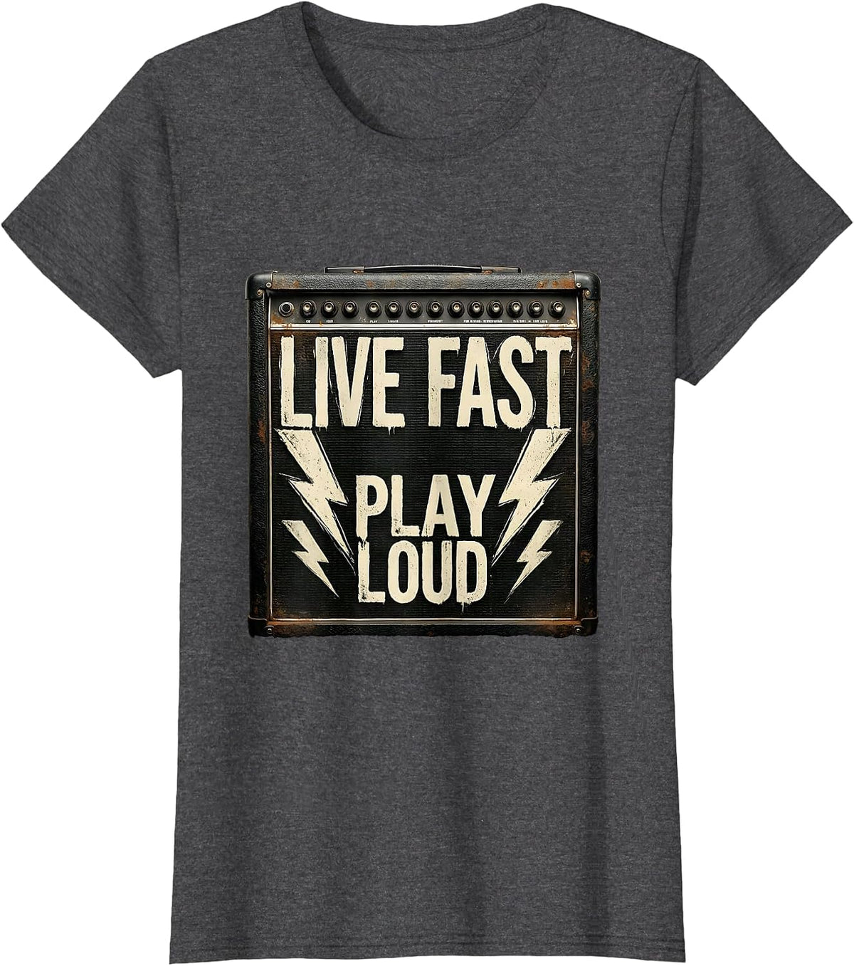 Women's Live Fast Play Loud Heavy Metal Graphic Design T-Shirt - Dark Heather Grey