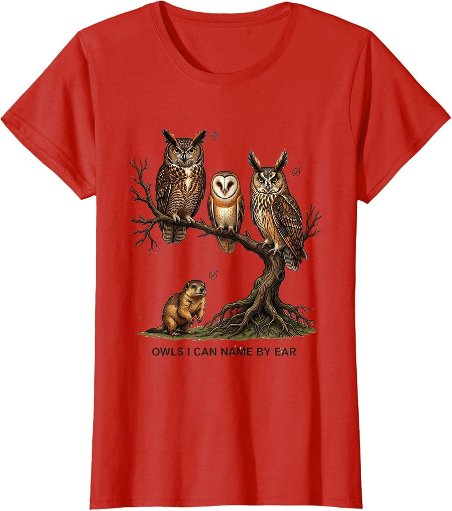 Women's Owls I Can Name By Ear Funny Owl Lover Bird Watcher Vintage T-Shirt - Red
