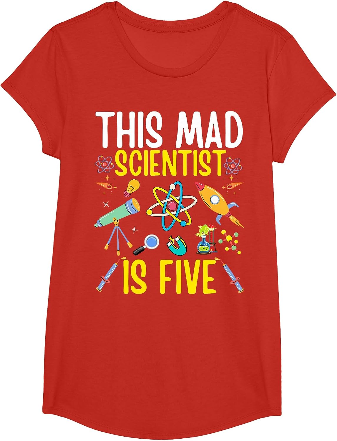 Mad Scientist Tshirt Kids Science Chemistry Birthday Age 5 T-Shirt - Girls Red