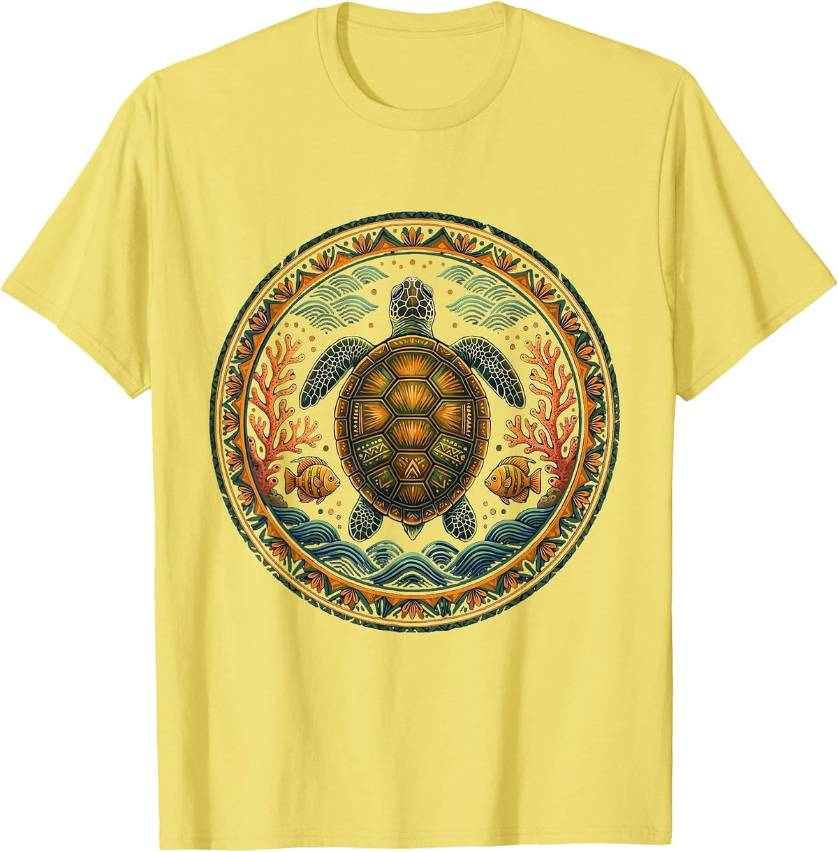 Men's Sea Turtle Coral Reef Hawaiian Ocean Art T-Shirt - Lemon Yellow