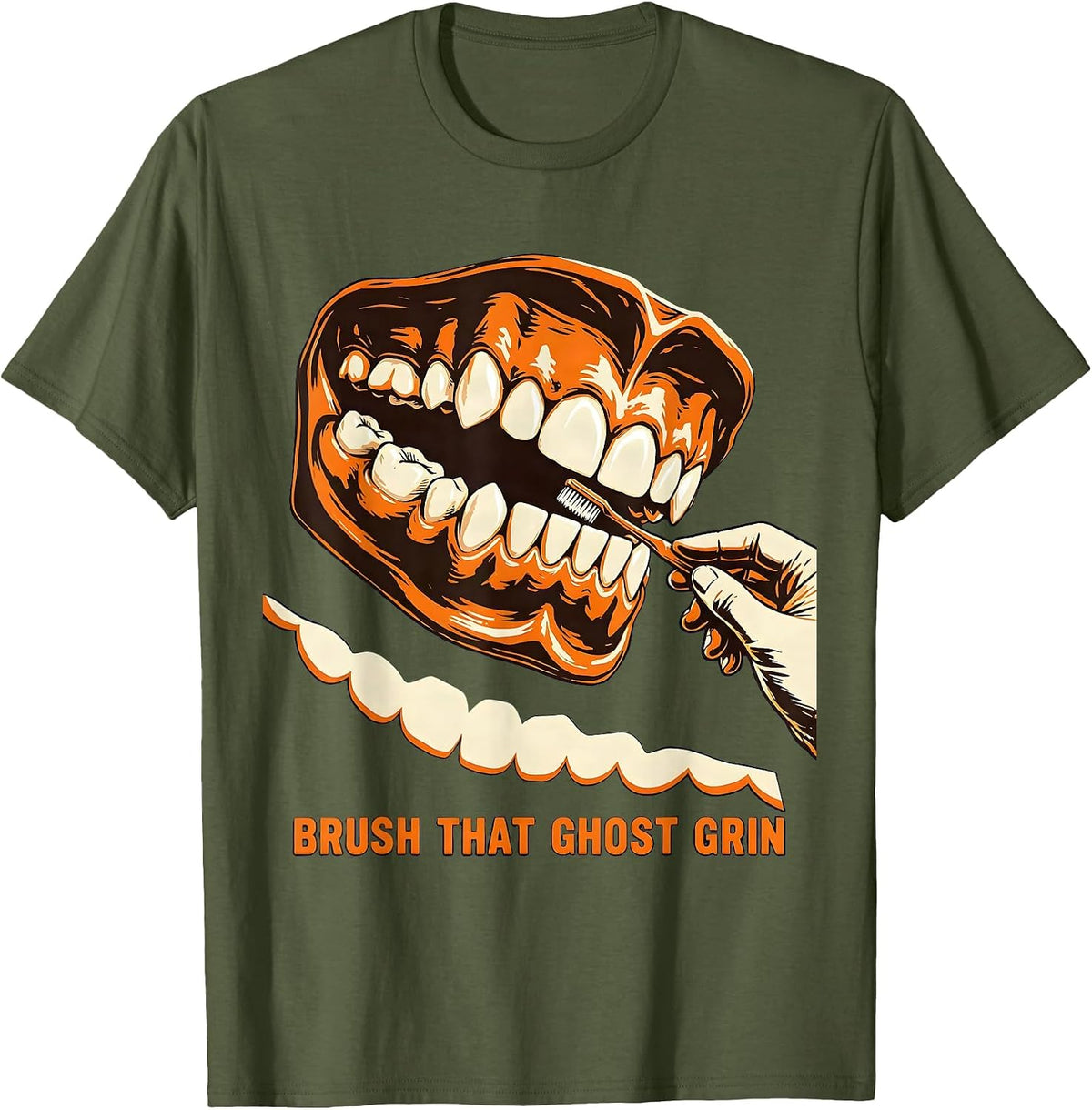 Men's Brush That Ghost Grin Wood Type Dental Hygienist Halloween T-Shirt - Olive Green