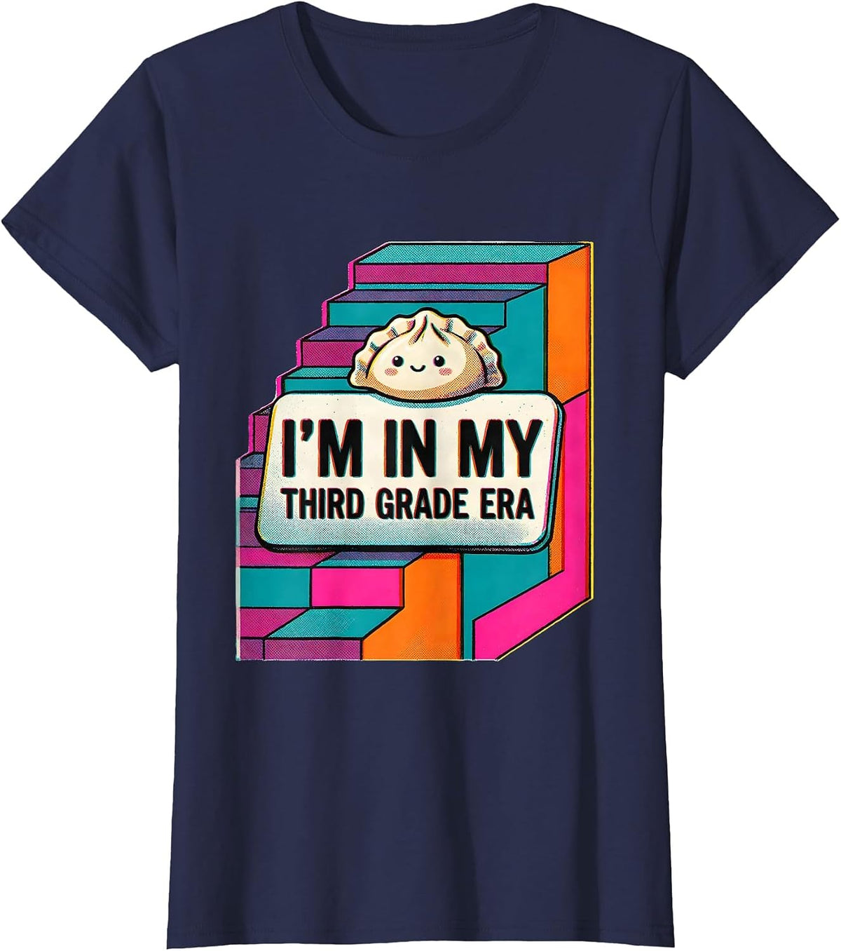Women's I'm In My Third Grade Era Cute Kawaii Dumpling Back T-Shirt - Navy Blue