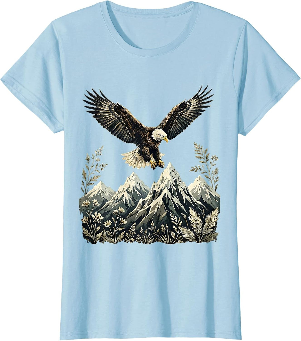 Women's Bald Eagle Soaring Over Snow-Capped Mountains T-Shirt - Baby Blue