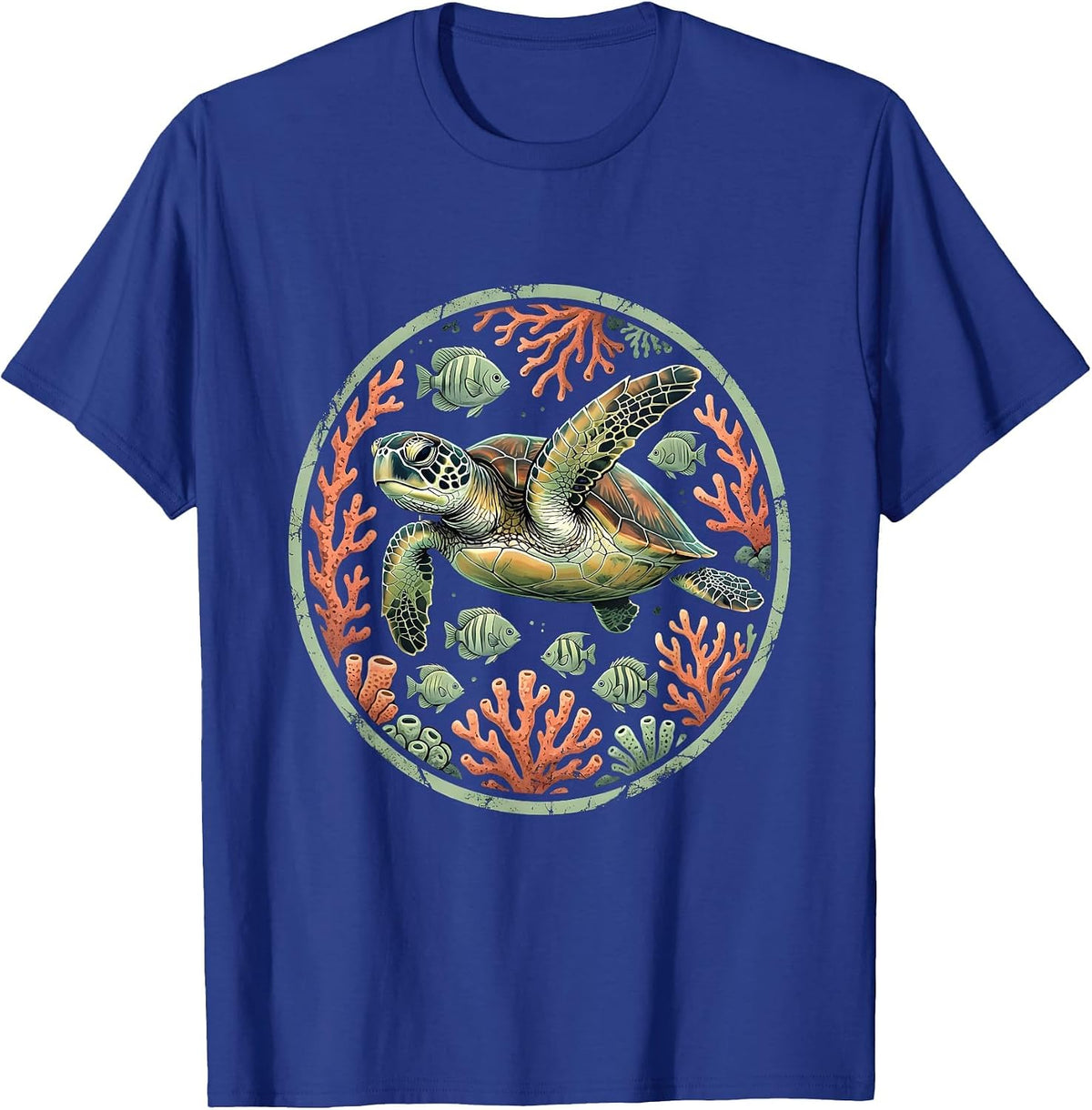 Sea Turtle Coral Reef Hawaiian Graphic T-Shirt - Royal Blue