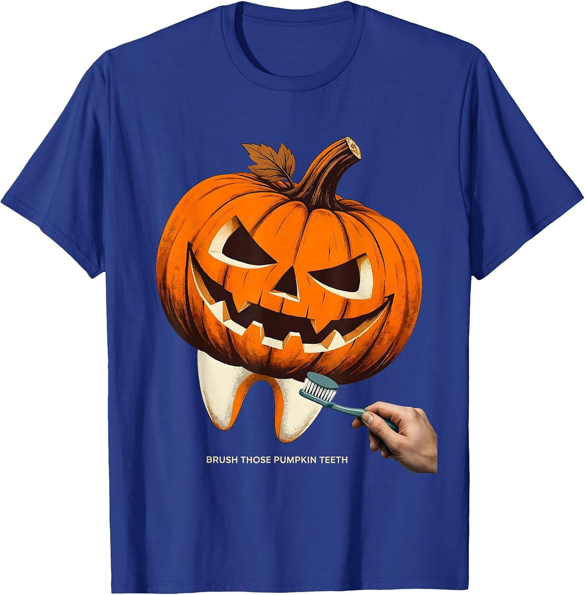 Men's Brush Those Pumpkin Teeth Funny Dental Hygienist Halloween T-Shirt - Royal Blue