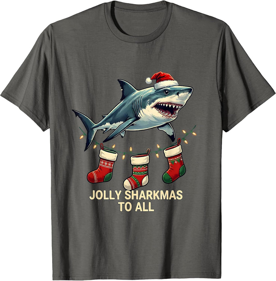 Jolly Sharkmas To All Funny Shark Santa Hat Christmas Lights T-Shirt - Asphalt Grey