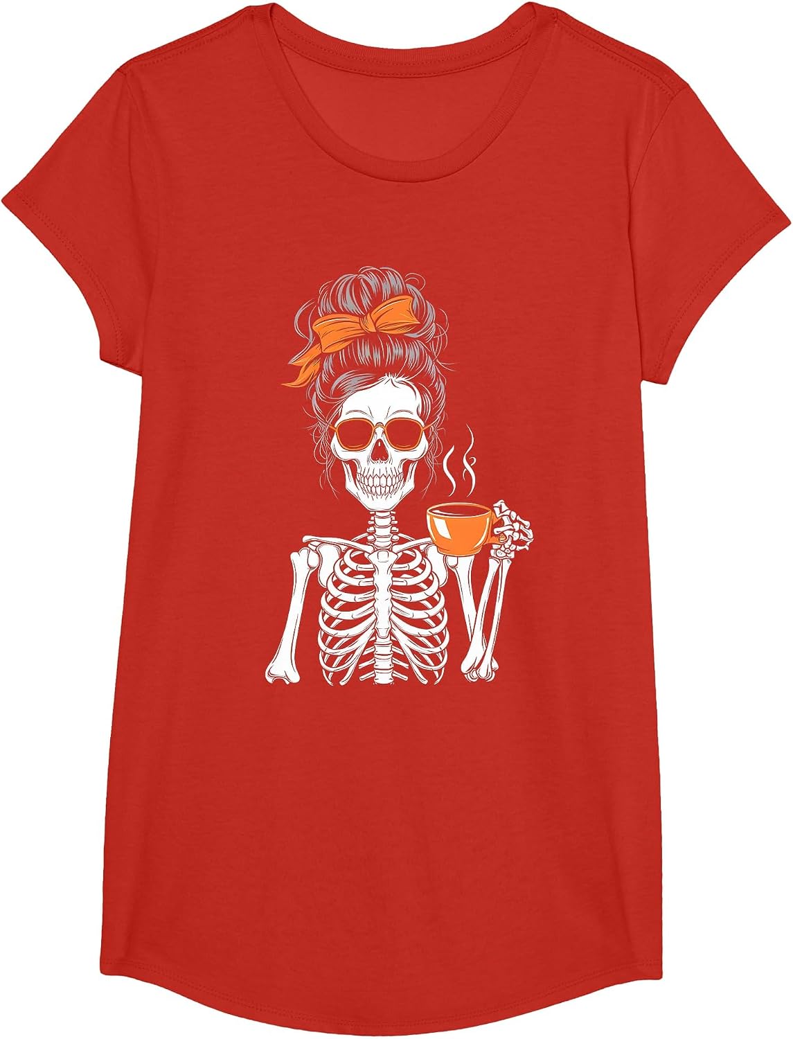 Halloween Skeleton Messy Bun Coffee Funny Costume Mom Women T-Shirt - Girls Red