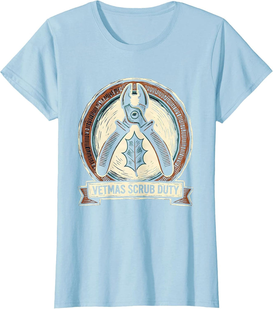 Women's Vetmas Scrub Duty Funny Vet Tech Christmas Veterinary Humor T-Shirt - Baby Blue