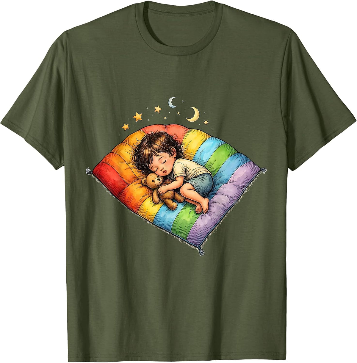 Men's Kindergarten Teacher Napping Child Rainbow Mat T-Shirt - Olive Green
