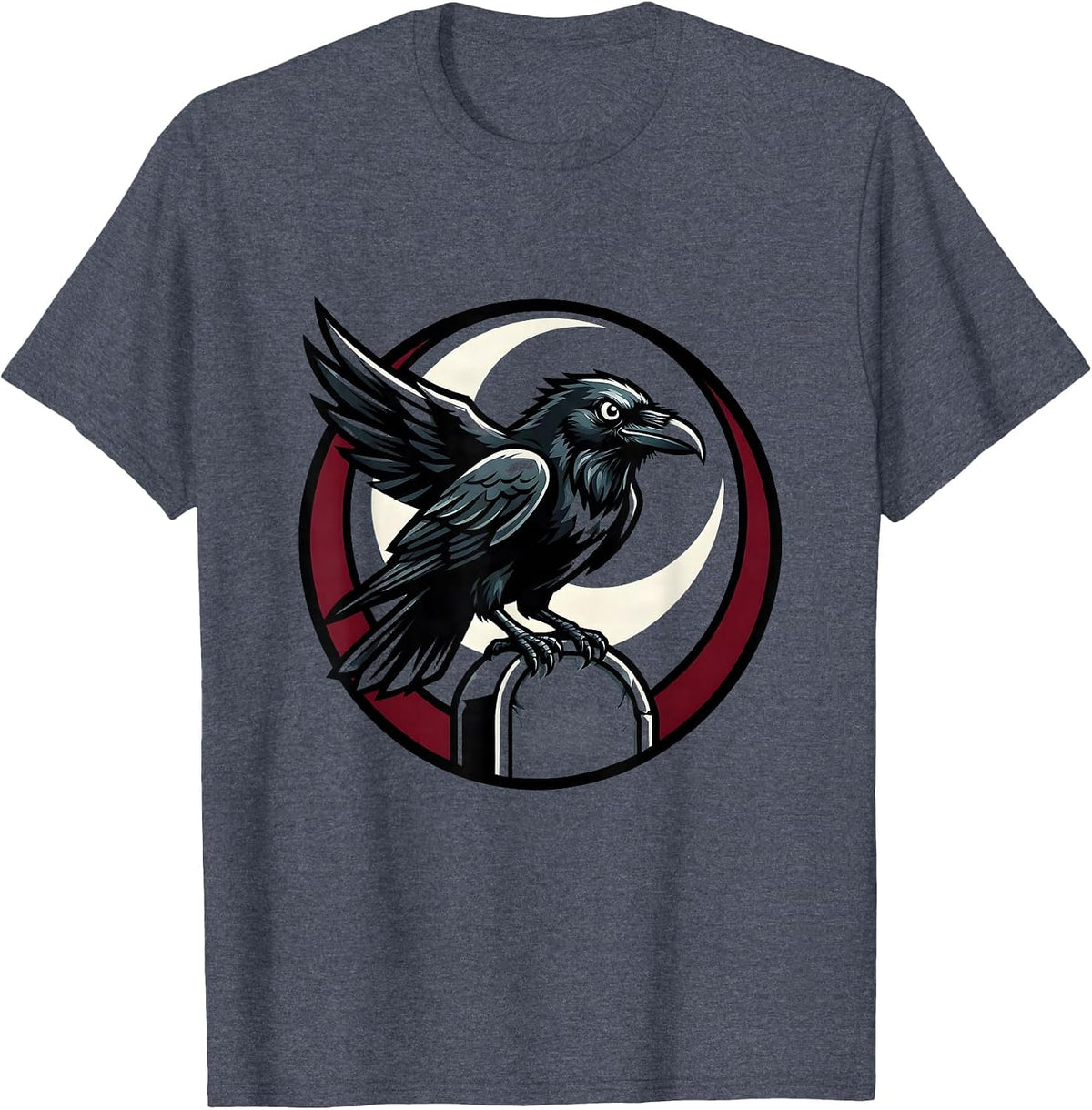 Raven on Gravestone Crescent Moon Gothic Art T-Shirt - Heather Blue