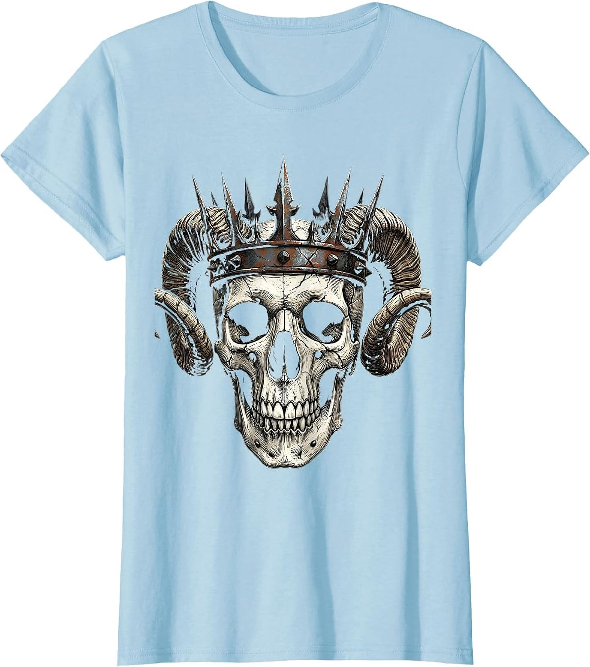 Skull Iron Crown and Horns Metal Art Design T-Shirt - Baby Blue
