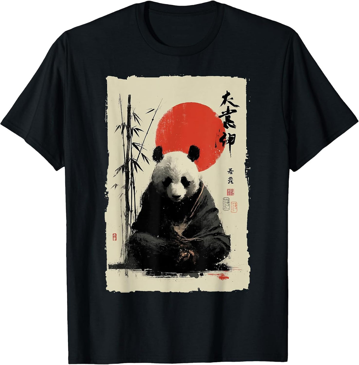 Zen Panda Bear Japanese Sumi-e Ink Painting Meditation T-Shirt - Black