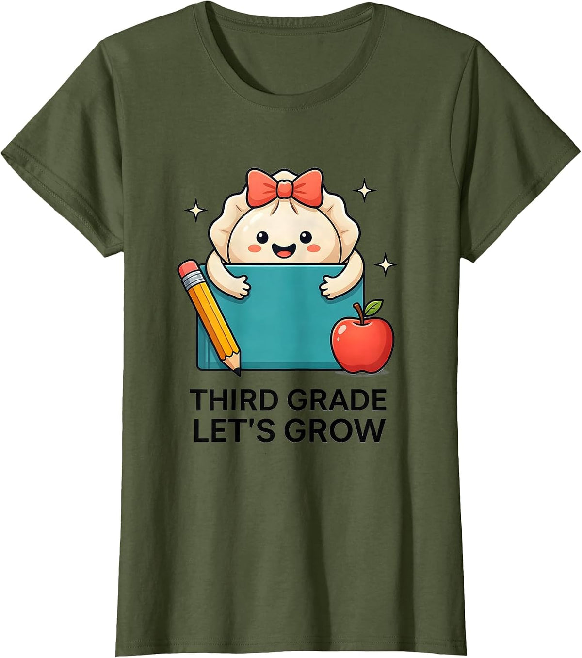 Women's Third Grade Let's Grow Kawaii Dumpling Girl Teacher Back T-Shirt - Olive Green
