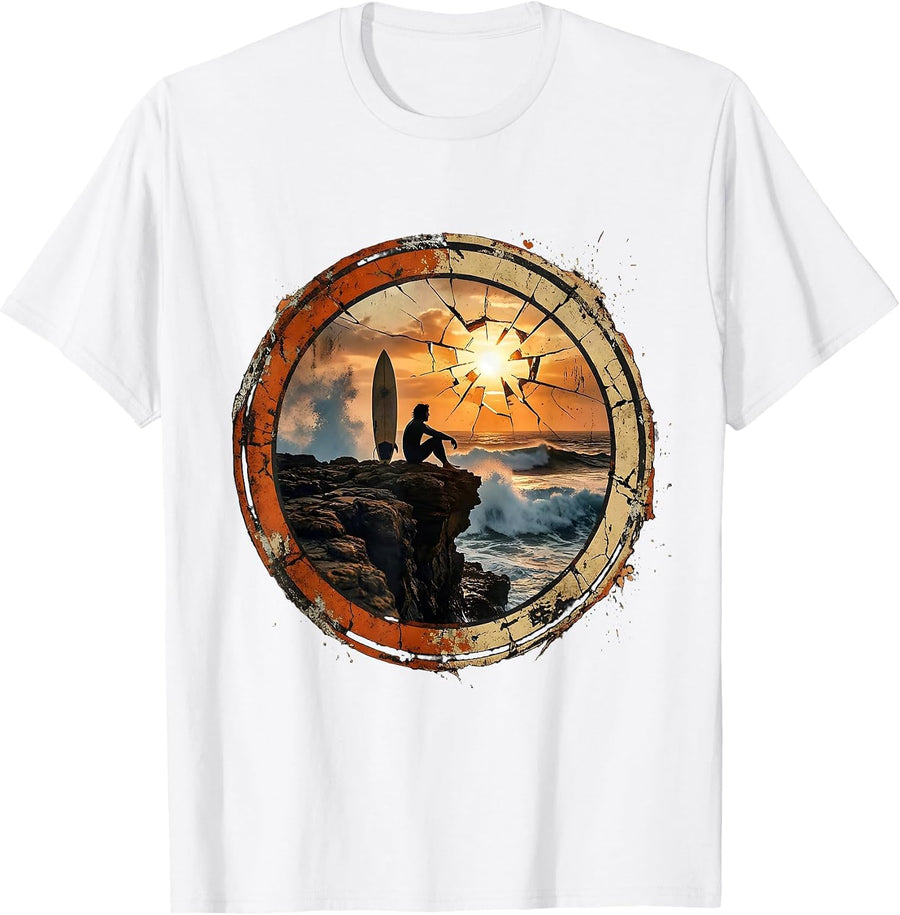 Surfer Meditating on Rocky Cliff Graphic Tee T-Shirt - White