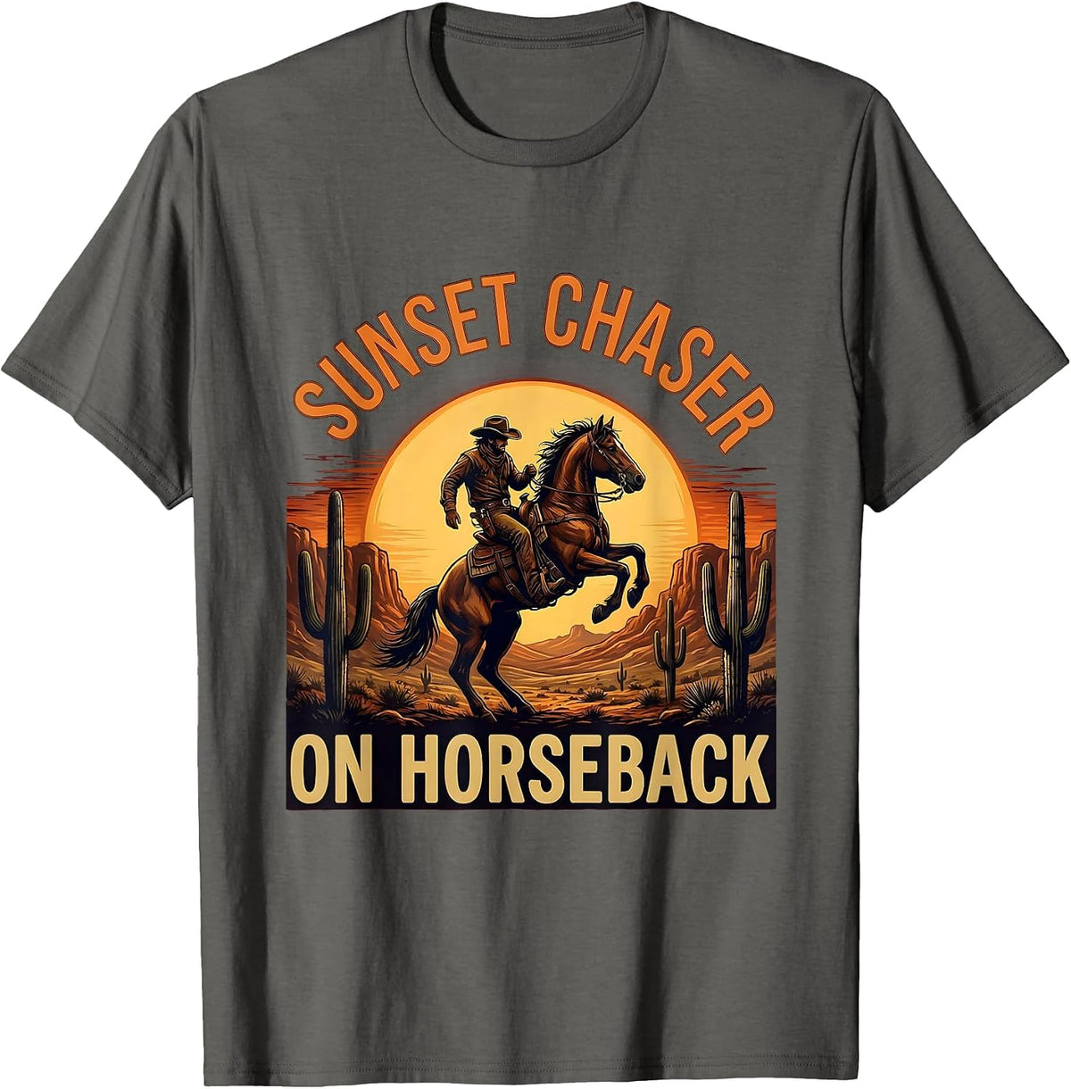 Sunset Chaser On Horseback Cowboy Design T-Shirt - Asphalt Grey