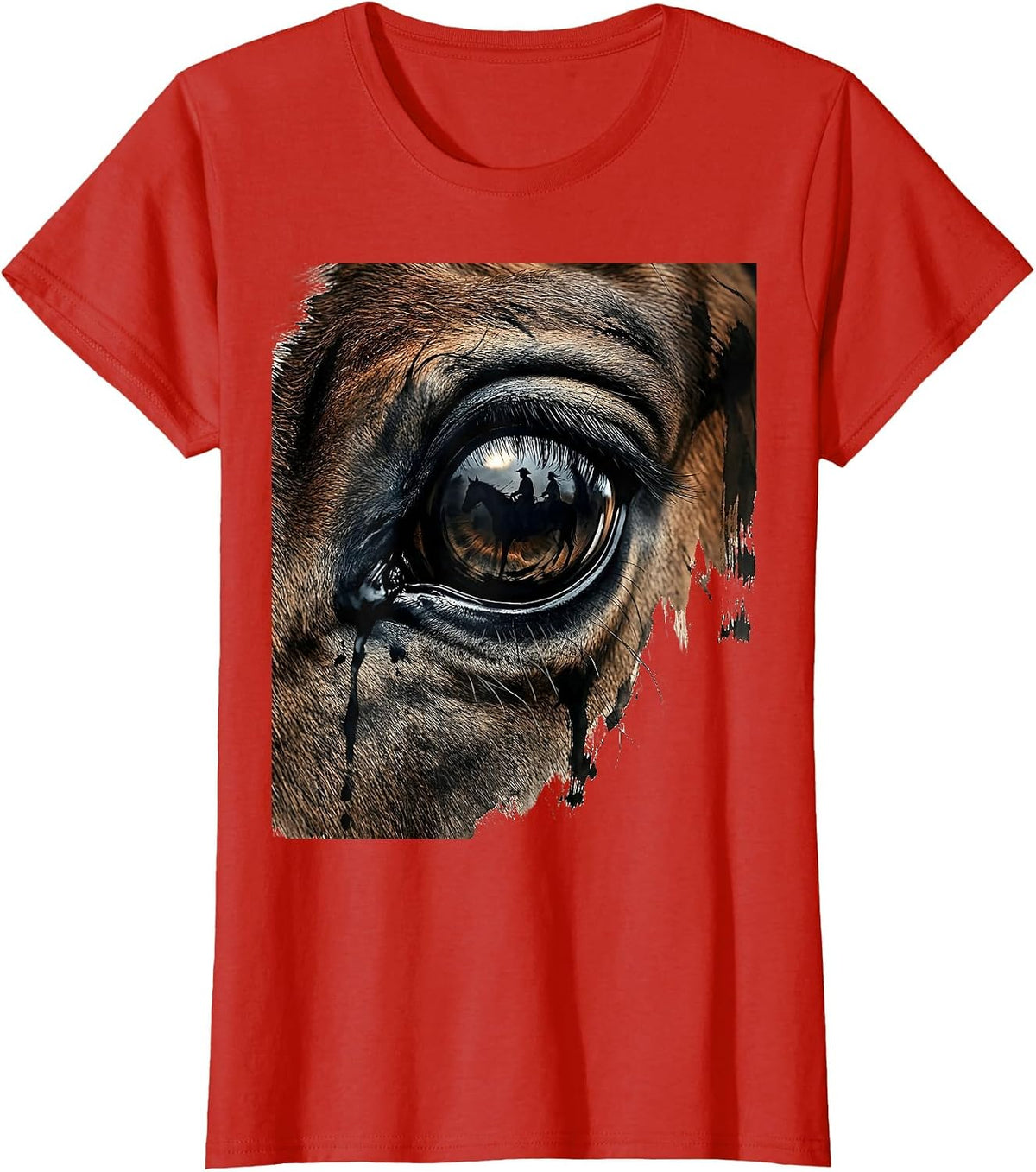 Women's Horse Eye Close-Up Reflection Graphic Design T-Shirt - Red